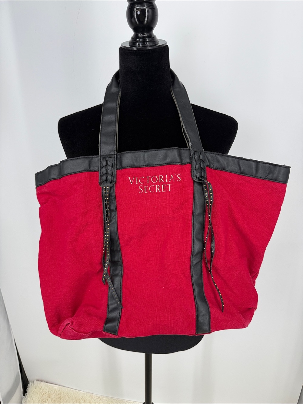 Victoria's Secret Red Canvas Tote Bag with studded fringe20” x 14”